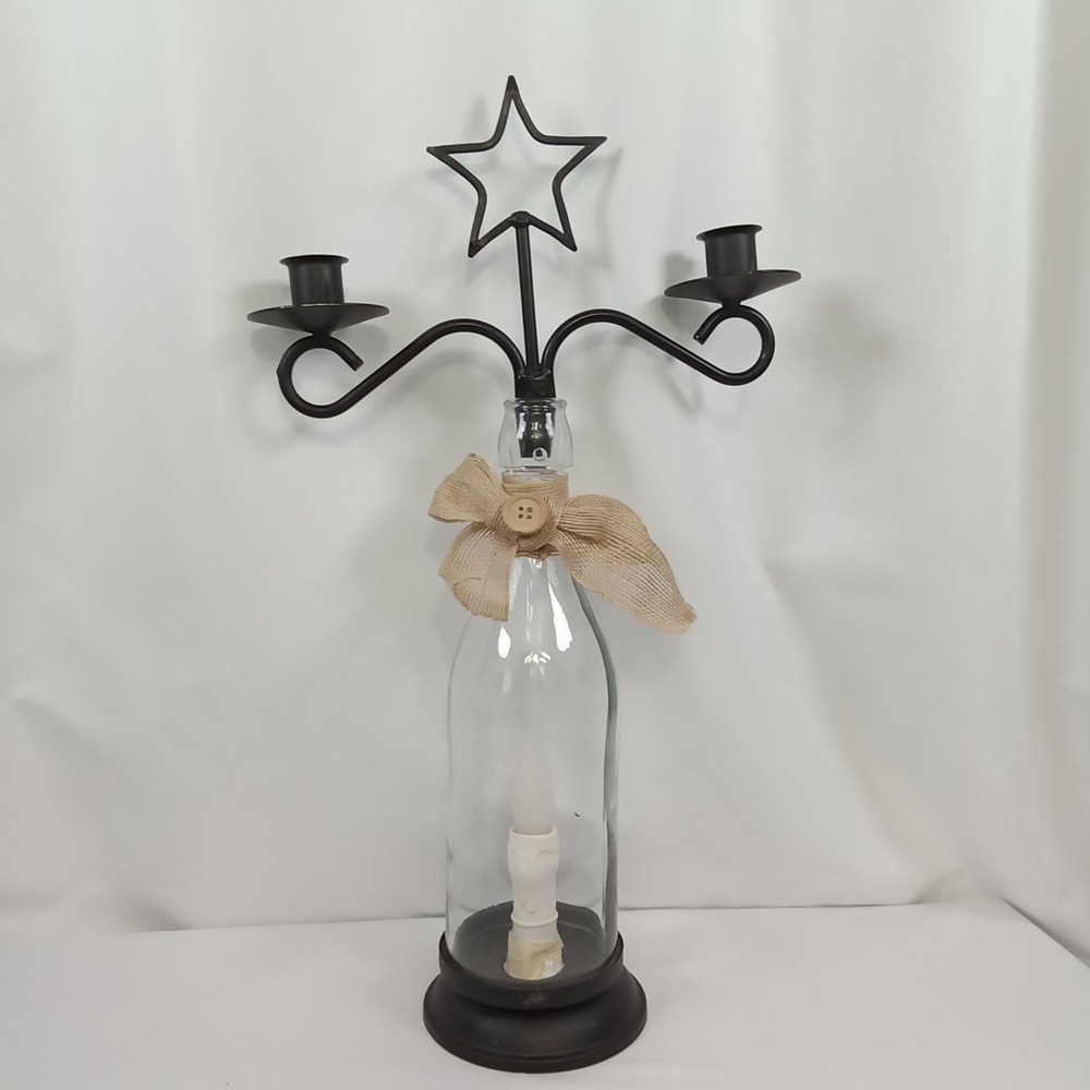 Rustic‎ Farmhouse Bottle Candelabra Black Metal Star Burlap Bow Glass 18.5in